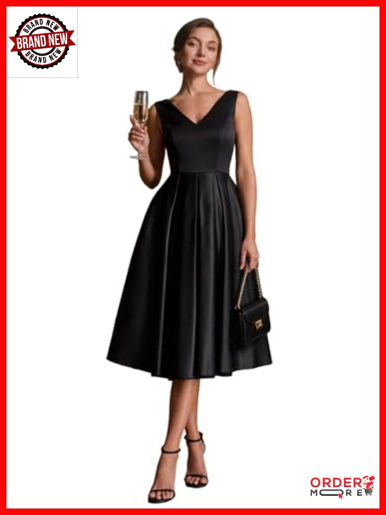 Satin V-Neck Sleeveless Midi Cocktail Dress With Pockets